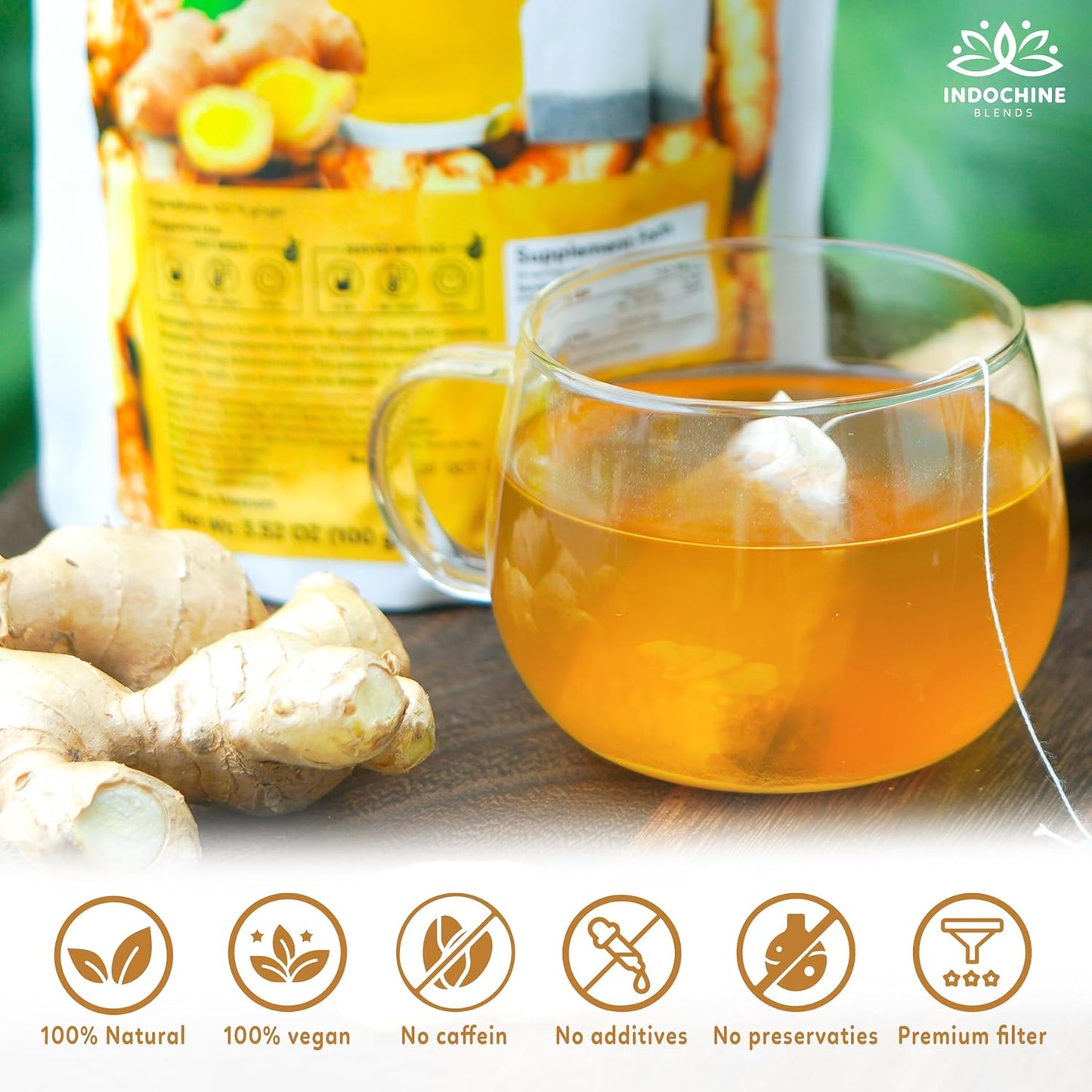 Indochine Blends, Ginger Tea Bags, 50 Teabags, 2g/bag, Individually Wrapped Envelopes, Caffeine-free, No Sugar, Healthy Belly Herbal Tea Supports Digestion & Boosts the Immune System