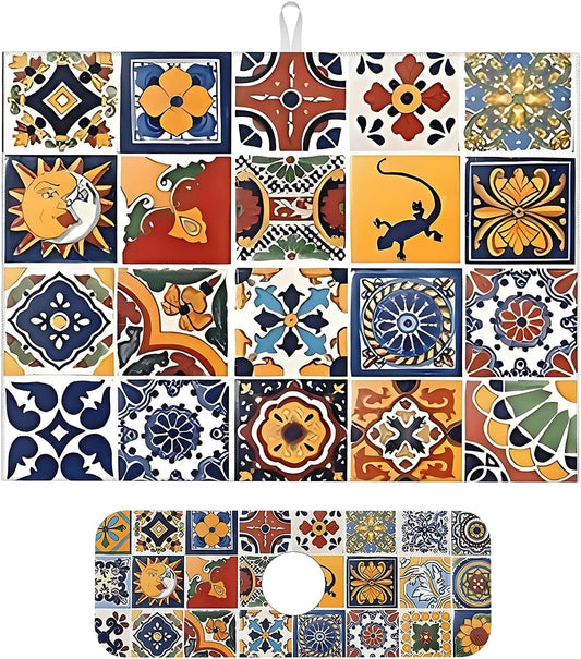 2Pcs Dish Drying Mats Faucet Mats Sets Large Size Coffee Mats Sink Faucet Mat Splash Guard for Kitchen Counter Bathroom Sink Coffee Bar Kitchen Decor (Retro Boho, 18"x24" 15" x 5.5"Set)