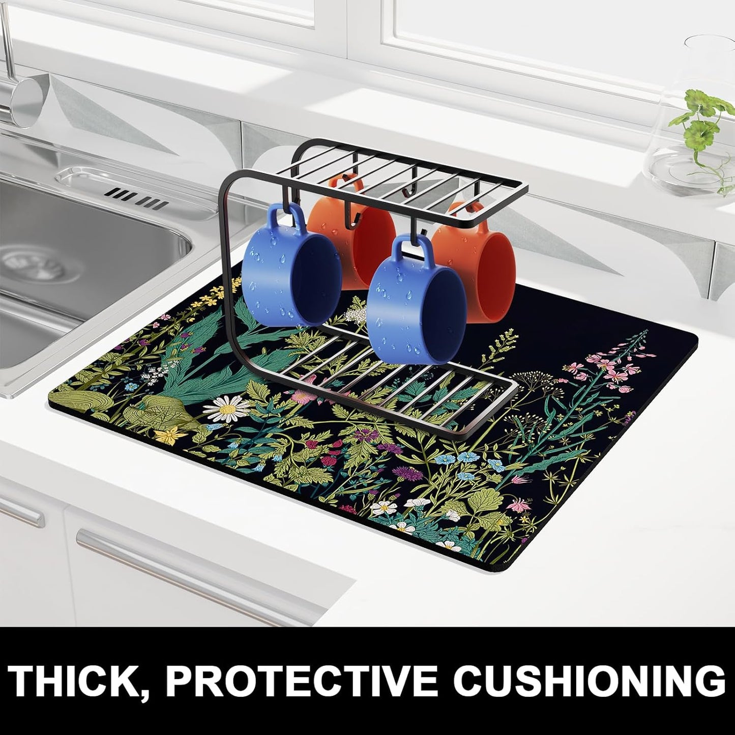 Rnivvi Dish Drying Mat for Kitchen Counter, 16 x 18" Cute Flower Theme Absorbent Heat Resistant Drying Pad with Non-slip Rubber, Coffee Bar Mats for Dish Rack Kitchen Decor Accessories, Black