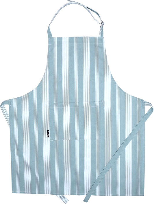 AMOUR INFINI Cotton Striped Aprons for Women with Pockets - Adjustable Strap and Waist Ties Printed Apron for Baking, Cooking, Gardening (27.5 x 33 Inches - Dove Blue)