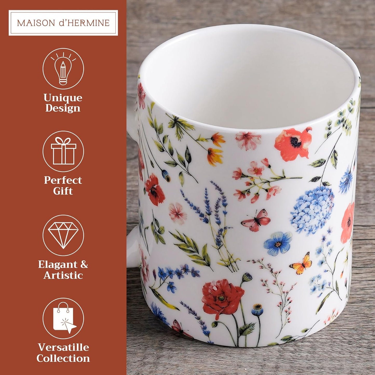 Maison d' Hermine Coffee Mug with Handles Fine Bone China Mugs Pack of One Tea Cups for Hot Beverages Cappuccino Latte Home Restaurant Office Perfect for Gift (Just Floral - Blues 'N Redz, 15 Ounce)