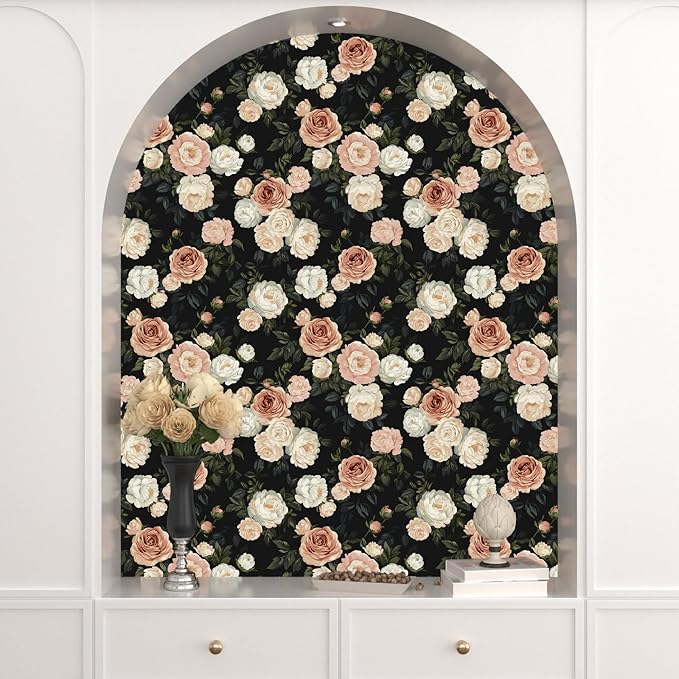 Pink White Rose Peony Wallpaper Peel and Stick Black Floral 17.5in x 118in - Image 8