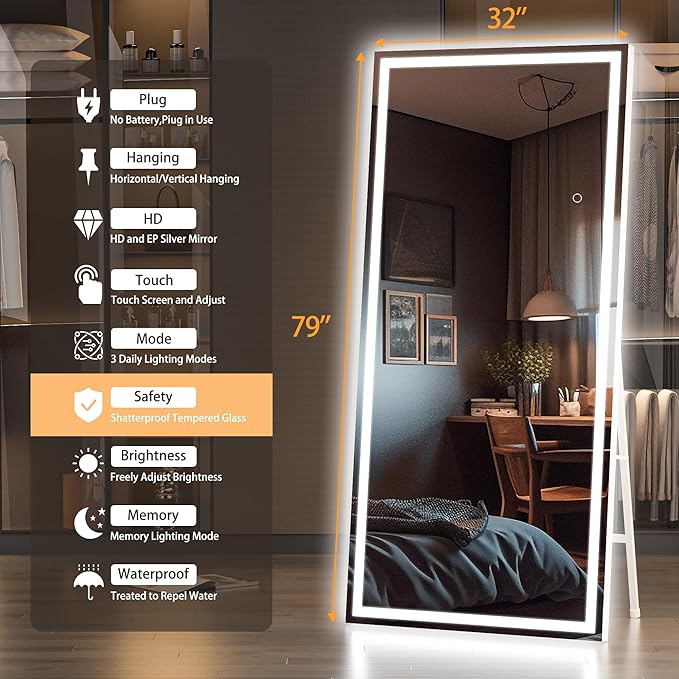 Hasipu Full Length Mirror with Lights, Full Body Dressing Hanging Mounted Mirror - Image 2