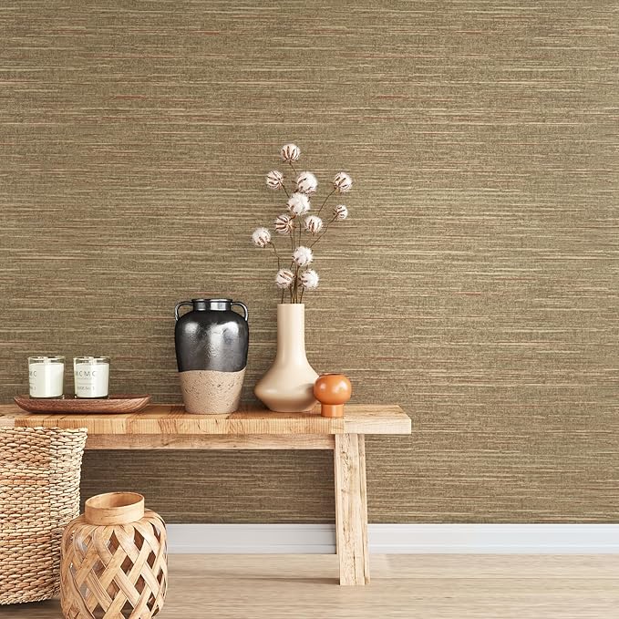 VEELIKE Bronze Brown Grasscloth Peel and Stick Wallpaper Textured Grasscloth - Image 2