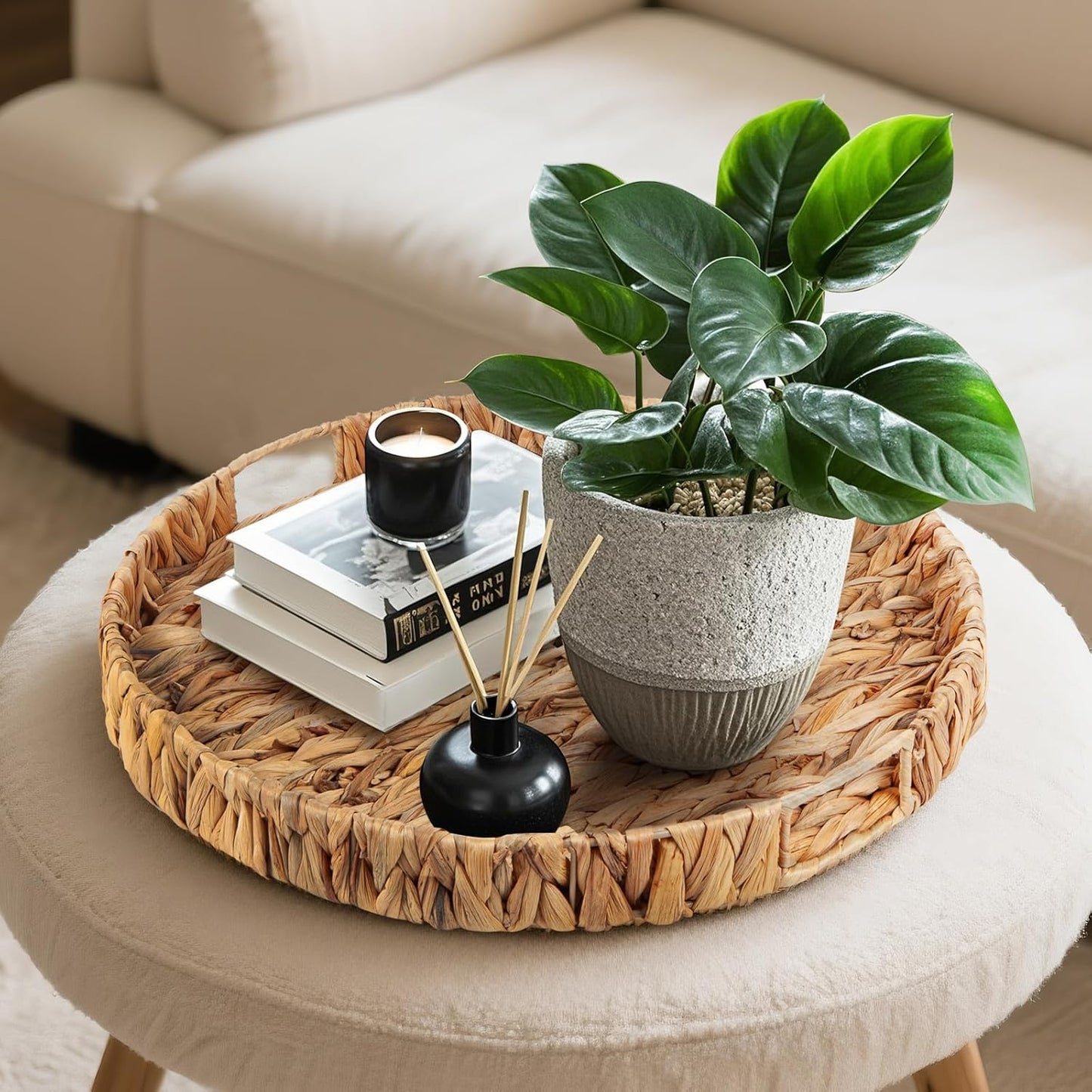 Round Ottoman Tray Large Wicker Serving Tray with Handles for Coffee Table, 20 Inch Handwoven Natural Water Hyacinth Tray