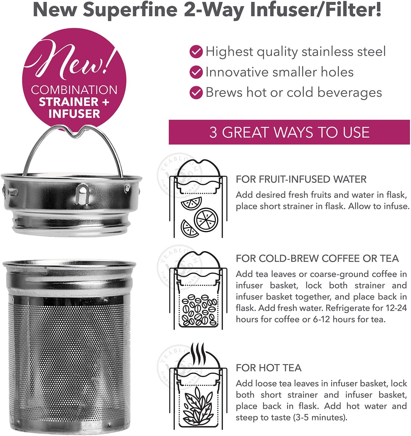 Teabloom All-Beverage Infusion Bottle – 14 oz / 400 ml – Double Wall Insulated Glass Travel Flask – Hot Tea & Cold Brew Coffee Thermos – Removable Sleeve