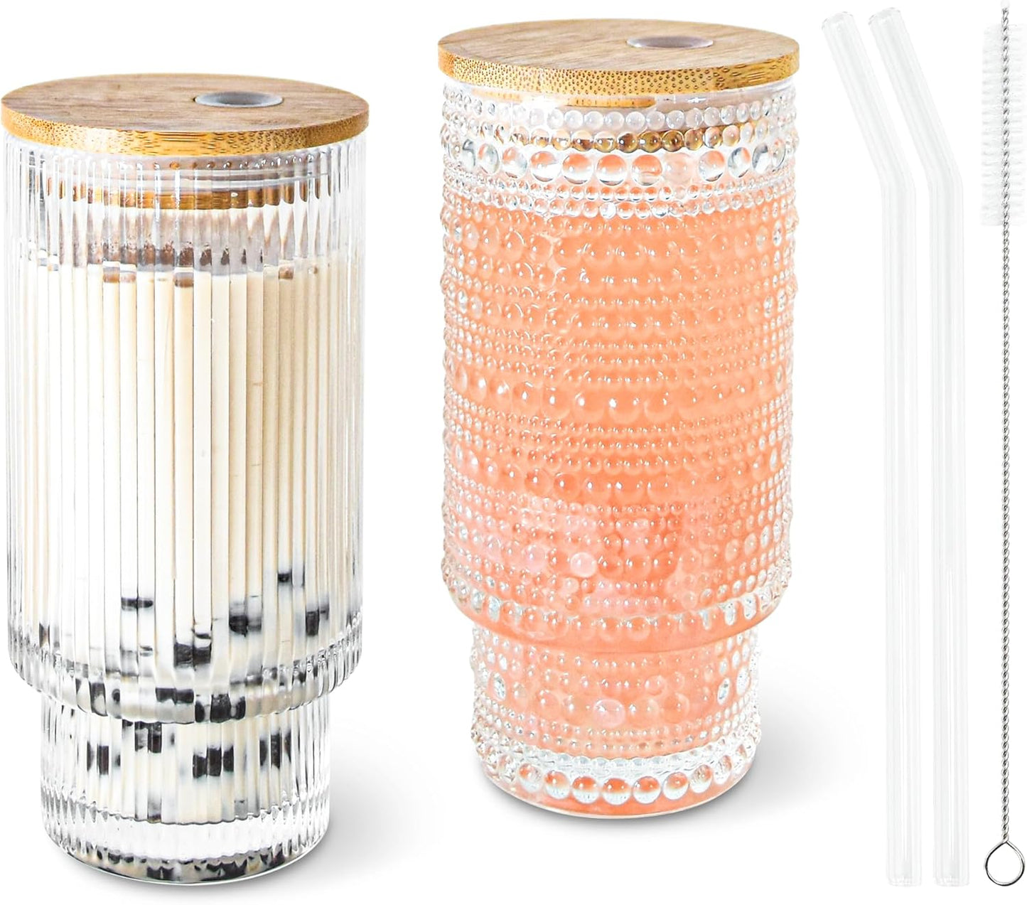 16oz Drinking Glasses Cups Set of 2 with Bamboo Lids Straws Brush Vintage Glassware Set for Mojito Iced Coffee Beer Cocktail Whiskey(Ribbed & Hobnail)