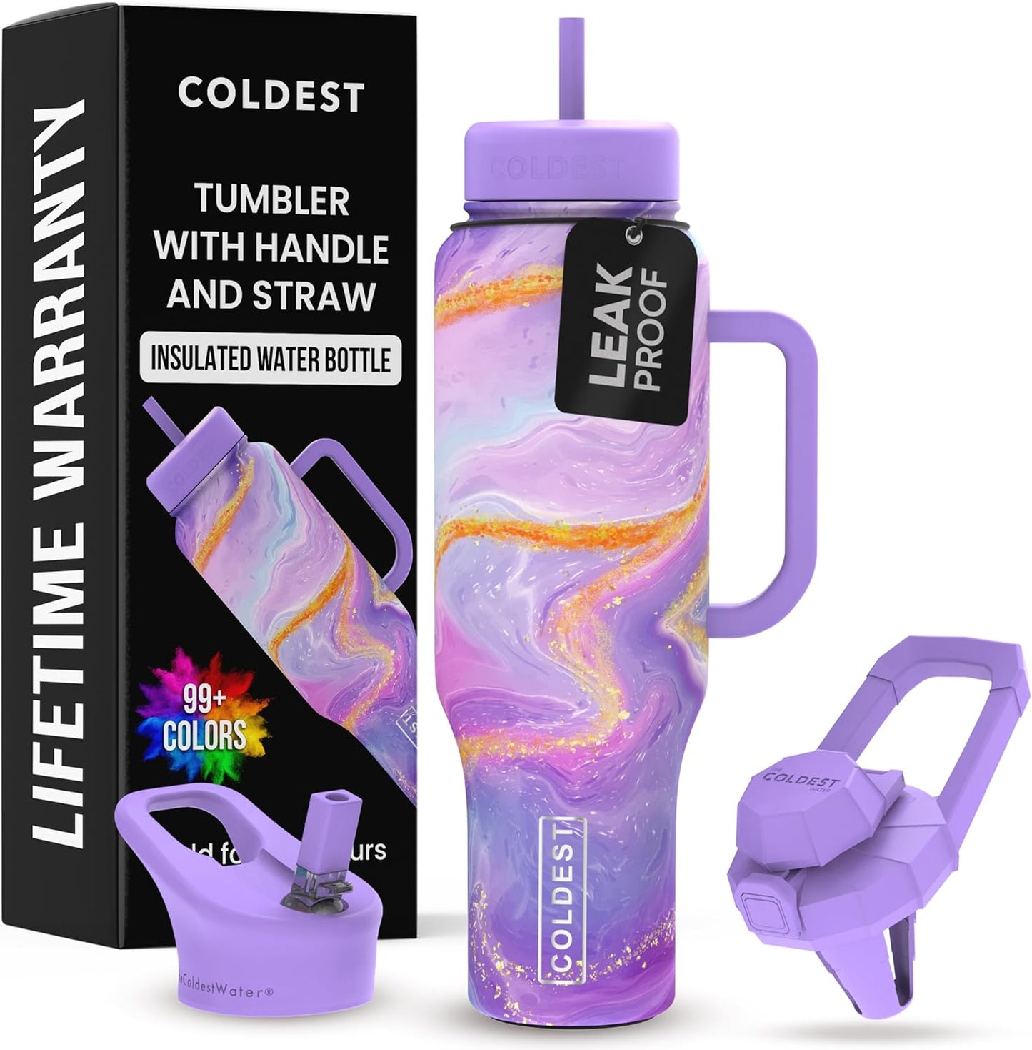 Coldest 40 oz Tumbler with Handle and Straw - 100% Leak Proof Insulated Tumbler with Lid and Straw (3 Lids) - Stainless Steel Tumblers for Women & Men - Cup Holder Friendly Base, 46 oz (Purple Luna)