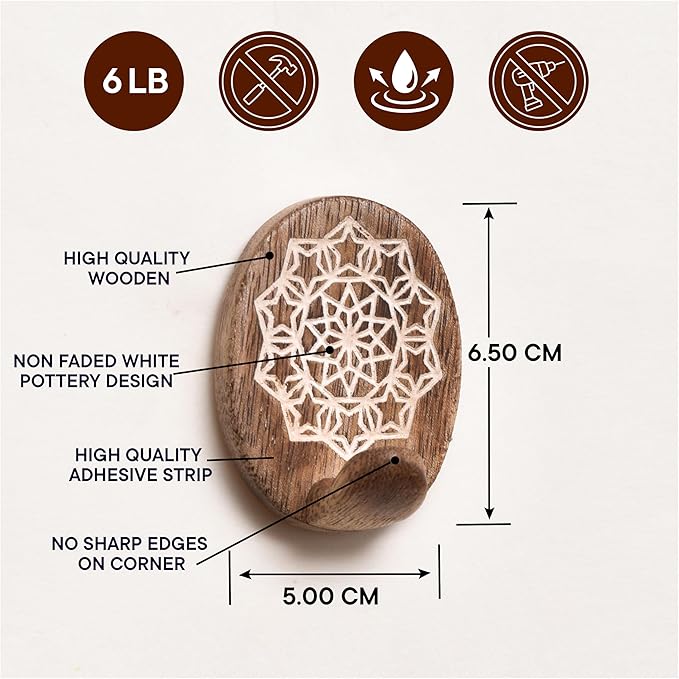 IndianShelf 6 Lb- 24 Pieces Decorative Wood Adhesive Wall Hooks–Boho Peel and - Image 6