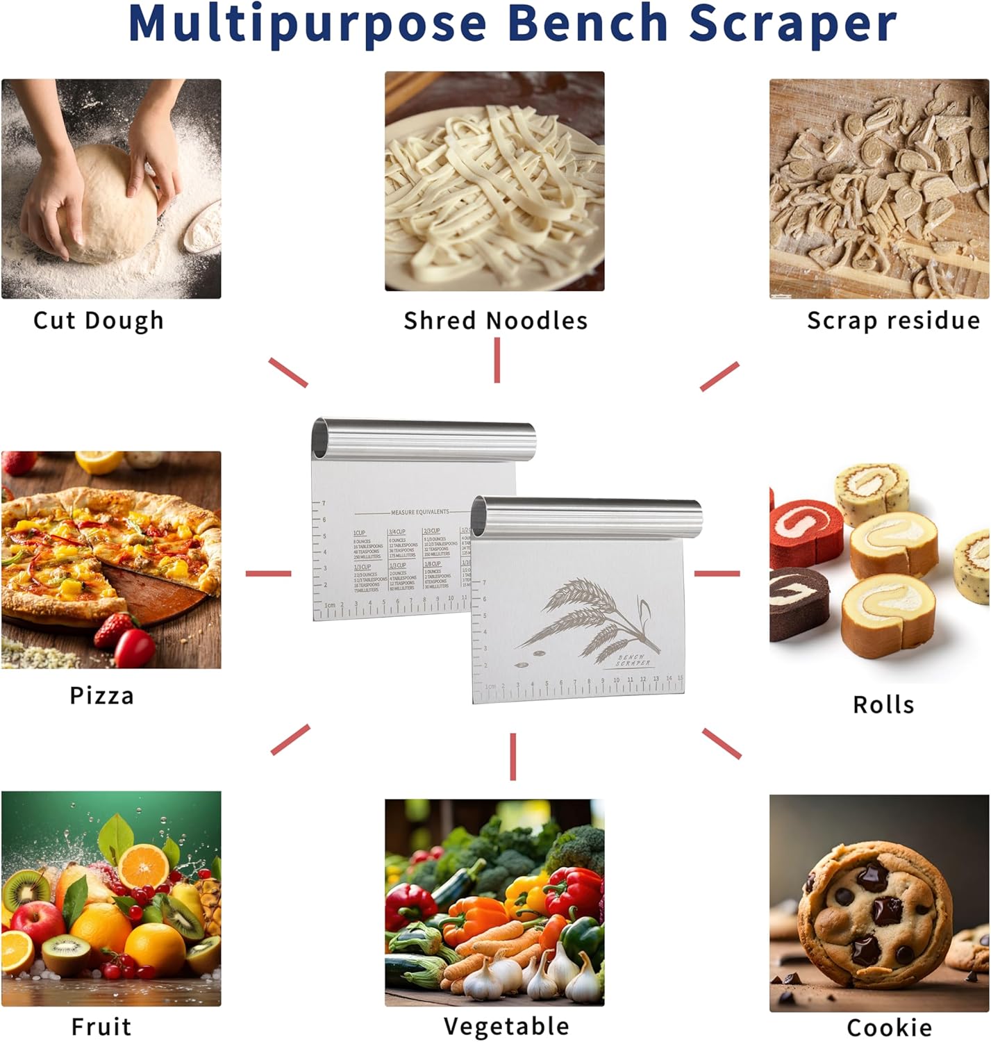 2PCS Dough Pastry Bench Cutter Scraper, OLULU Stainless Steel Kitchen Food Scraper with Protective Cover, Anti-Wear Laser-Engraved Measuring Scale and Ear Of Wheat, Dishwasher Safe (2Pack, 6 inch)