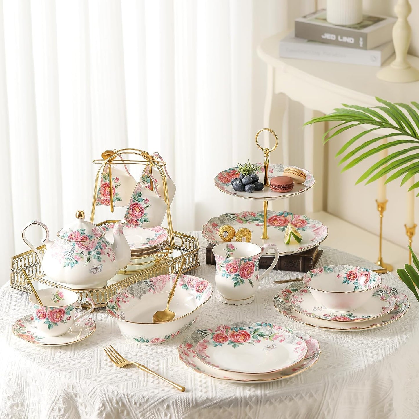 Bone China Tea Set, Vintage Floral Coffee Cups and Tea Sets, Porcelain Tea Set With Teapot for Women Tea Party British, Christmas Gifts(Pink)