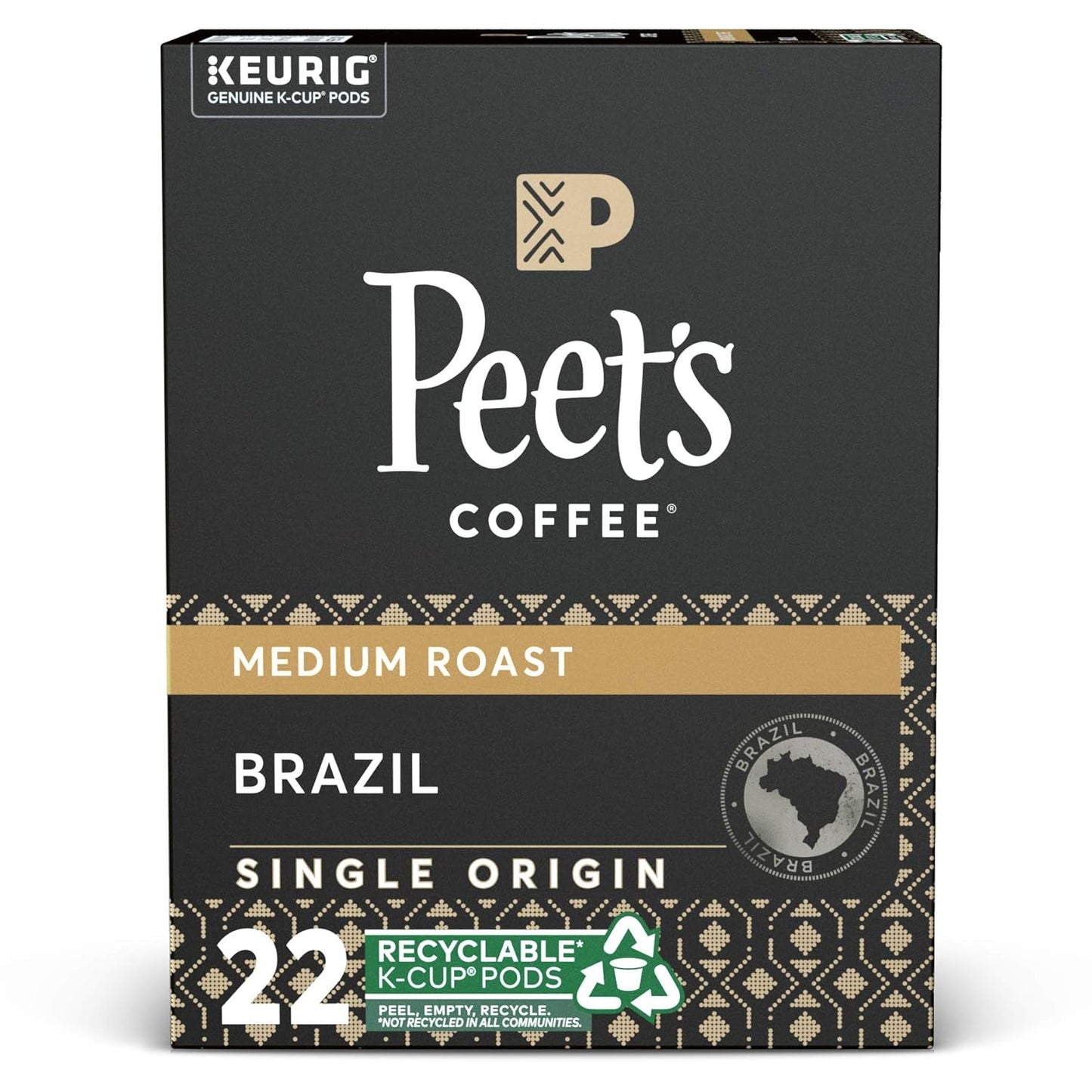 Peet's Coffee Single Origin Brazil, Medium Roast, 22 Count Single Serve K-Cup Coffee Pods for Keurig Coffee Maker