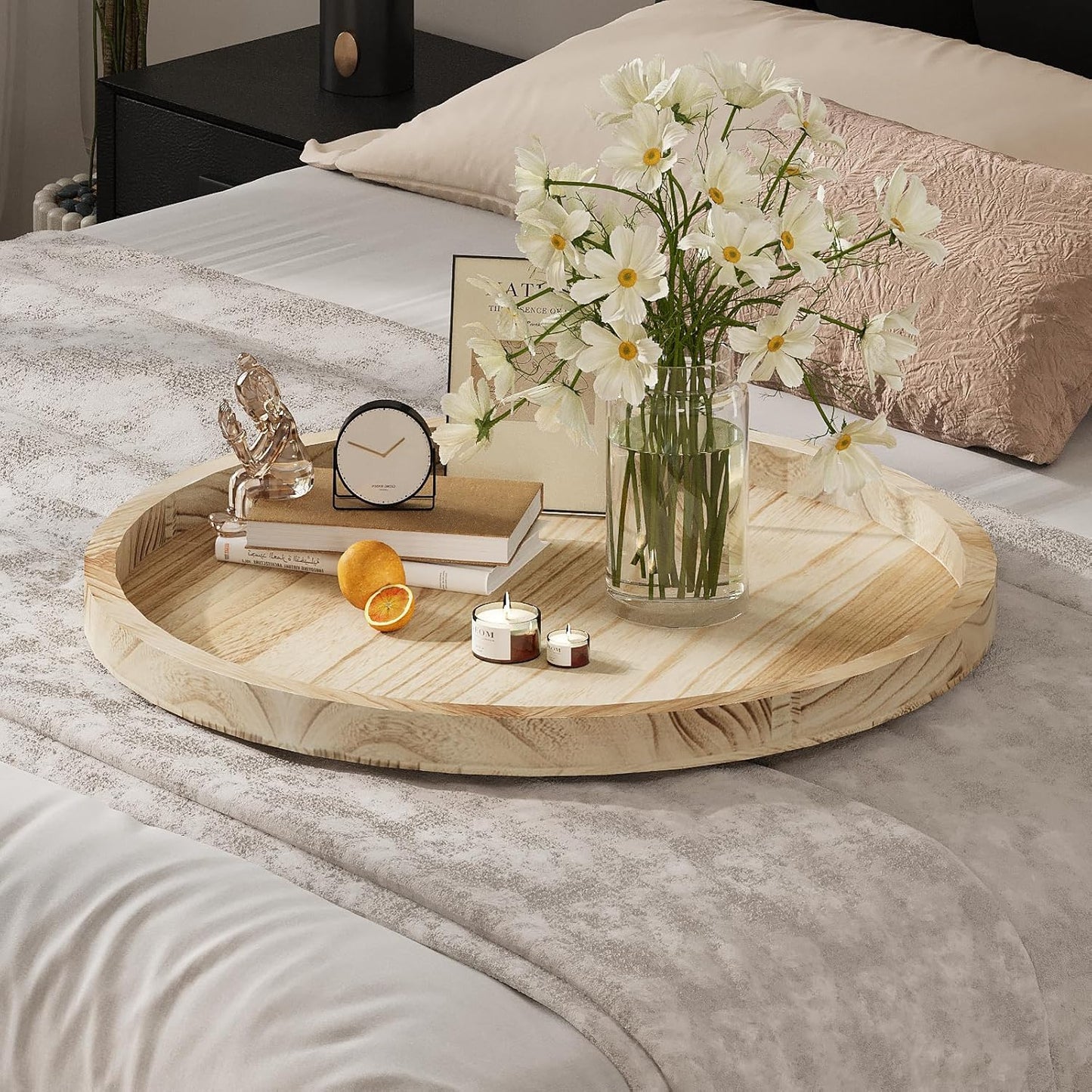 Round Ottoman Tray for Coffee Table Living Room Wood Serving Tray Large Wooden 20 Inches Rustic Torched