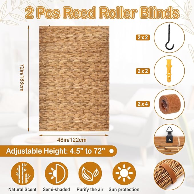 DoubleFill 2 Pcs Bamboo Shades Outdoor Reed Roll Up Blinds 48 W x 72 H Blackout - Image 2