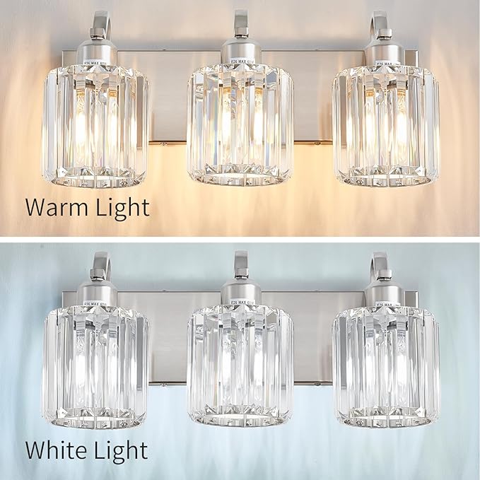 Modern Vanity Light 3-Lights Brushed Nickel Vanity Light Crystal Bathroom Wall - Image 4