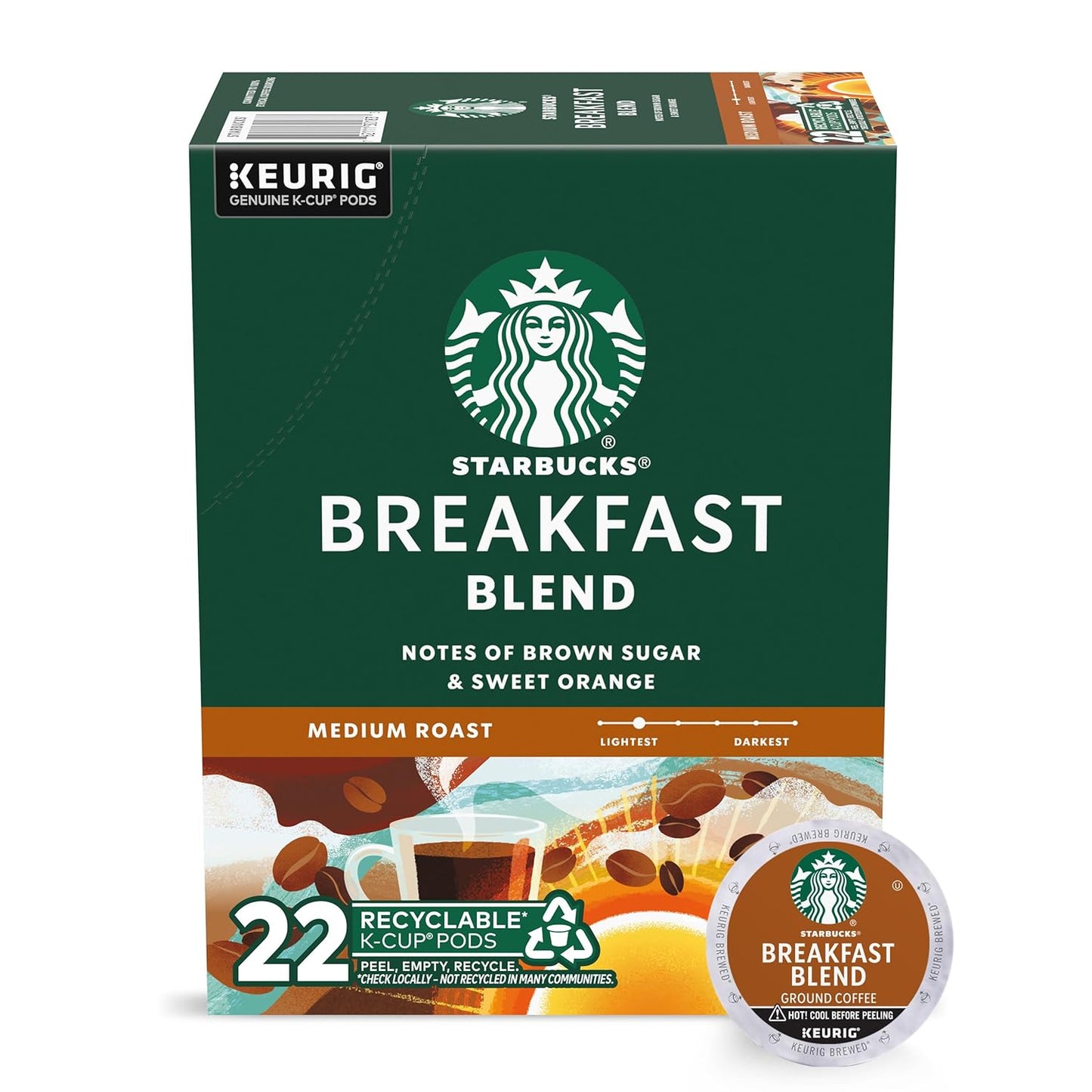Starbucks K-Cup Coffee Pods, Medium Roast Coffee, Breakfast Blend for Keurig Coffee Makers, 100% Arabica, 1 box (22 pods)