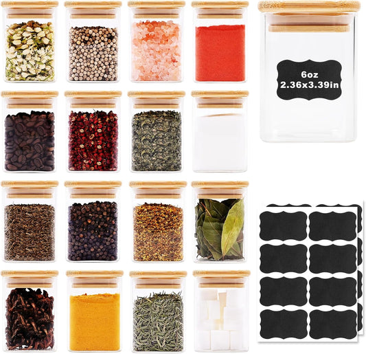Glass Food Storage Jars Square 6oz, 16 Pack Glass Jars With Bamboo Lids, Kitchen Storage Containers For Spice, Candy, Cookie, Storage For Pantry Organizers