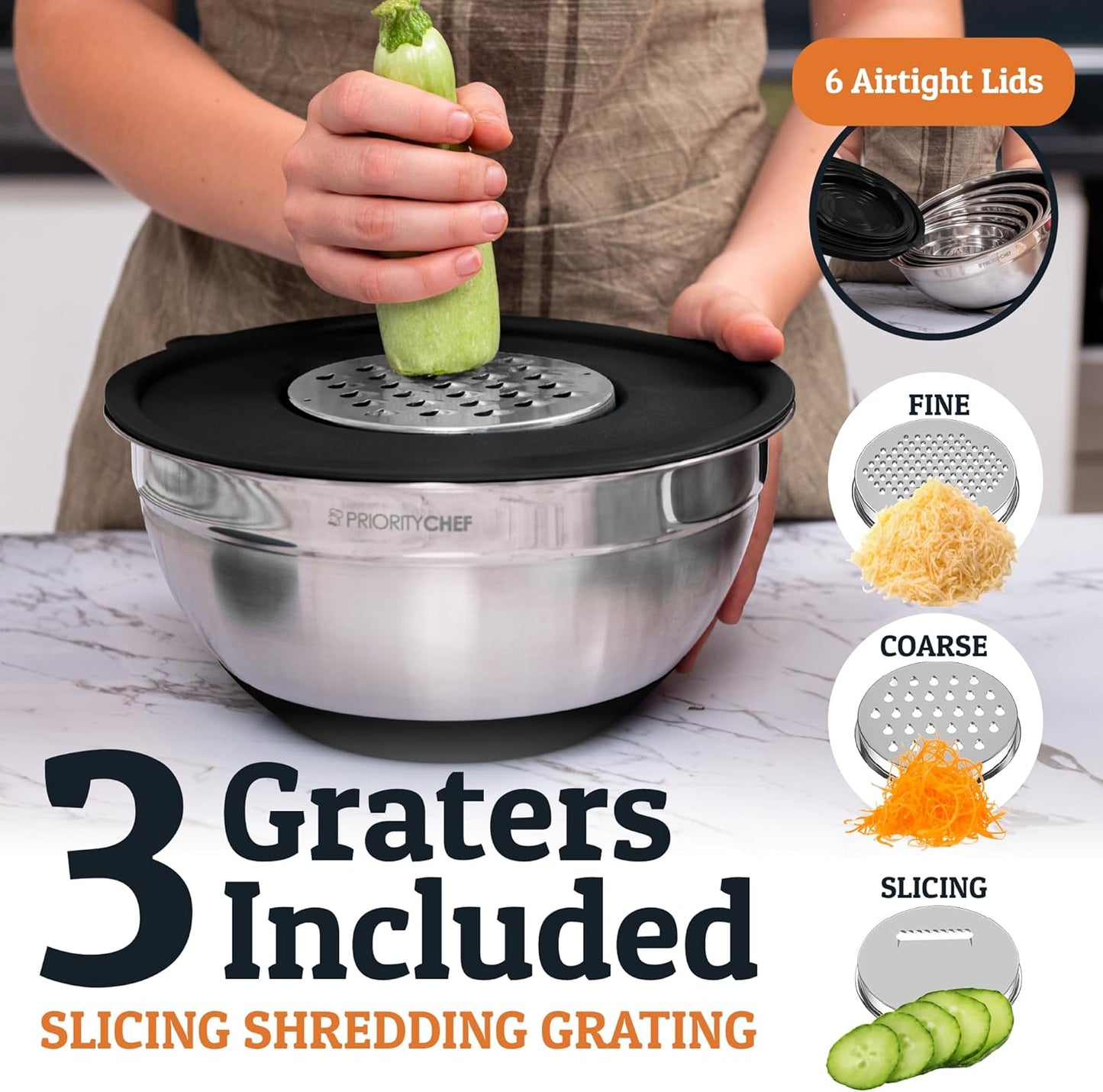 Priority Chef 6Pc Large Mixing Bowls With Lids Set with Non-Slip Bases, Stainless Steel Mixing Bowl Set, 6 Airtight Lids and 3 Graters, Black