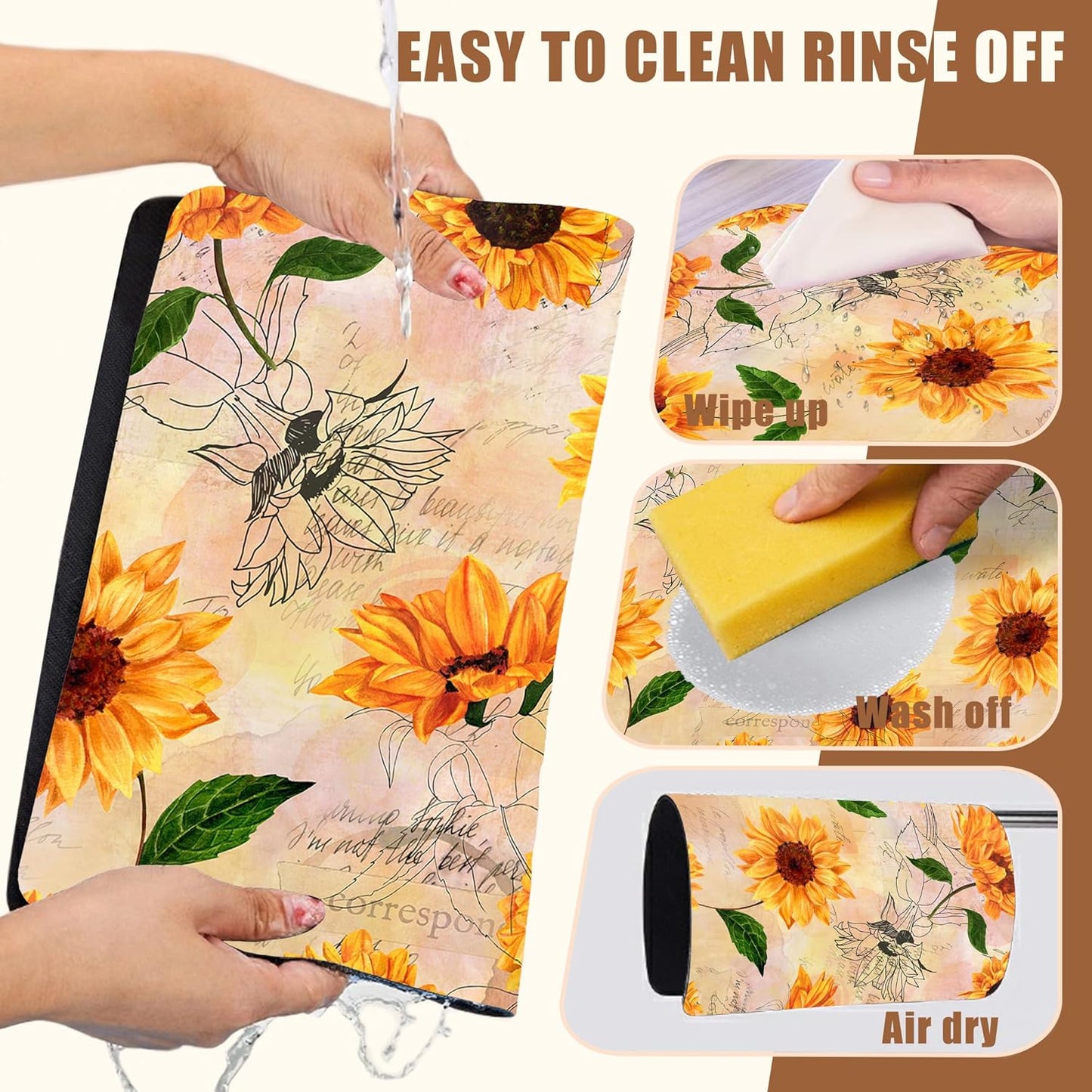 Dish Drying Mat Watercolor Sunflower Coffee Bar Mat for Countertop Absorbent Rubber Backed Hide Stain Dish Drainer Rack Pad Espresso Machine Cafe Table Dining Room Decoration 15.7 x 23.6 Inch