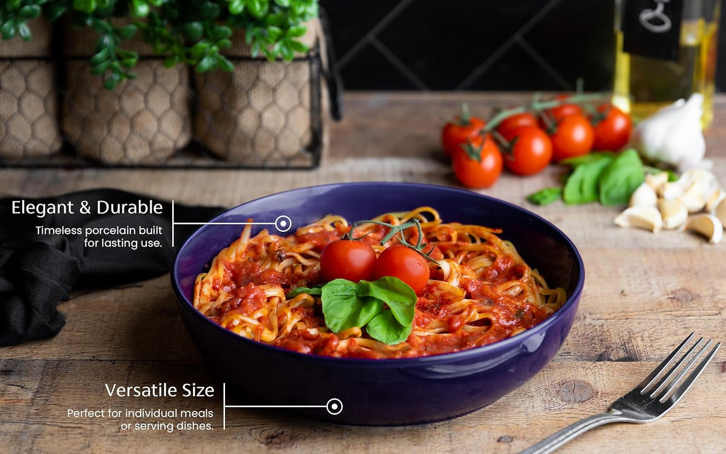 KooK Pasta Bowl, Salad Bowls, Soup, Serving Bowls, Ceramic, Large Capacity, Microwave & Dishwasher Safe, Set of 4, 40 Oz, (Cobalt)