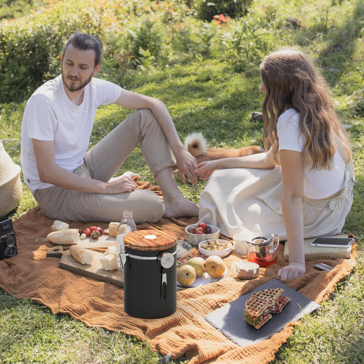 35OZ Coffee Canister for ground coffee with Date Tracker,Wood grain lid 304 Stainless Steel Kitchen Food Airtight storage container for Coffee Beans or Grounds, Tea, Sugar(35oz-grain)