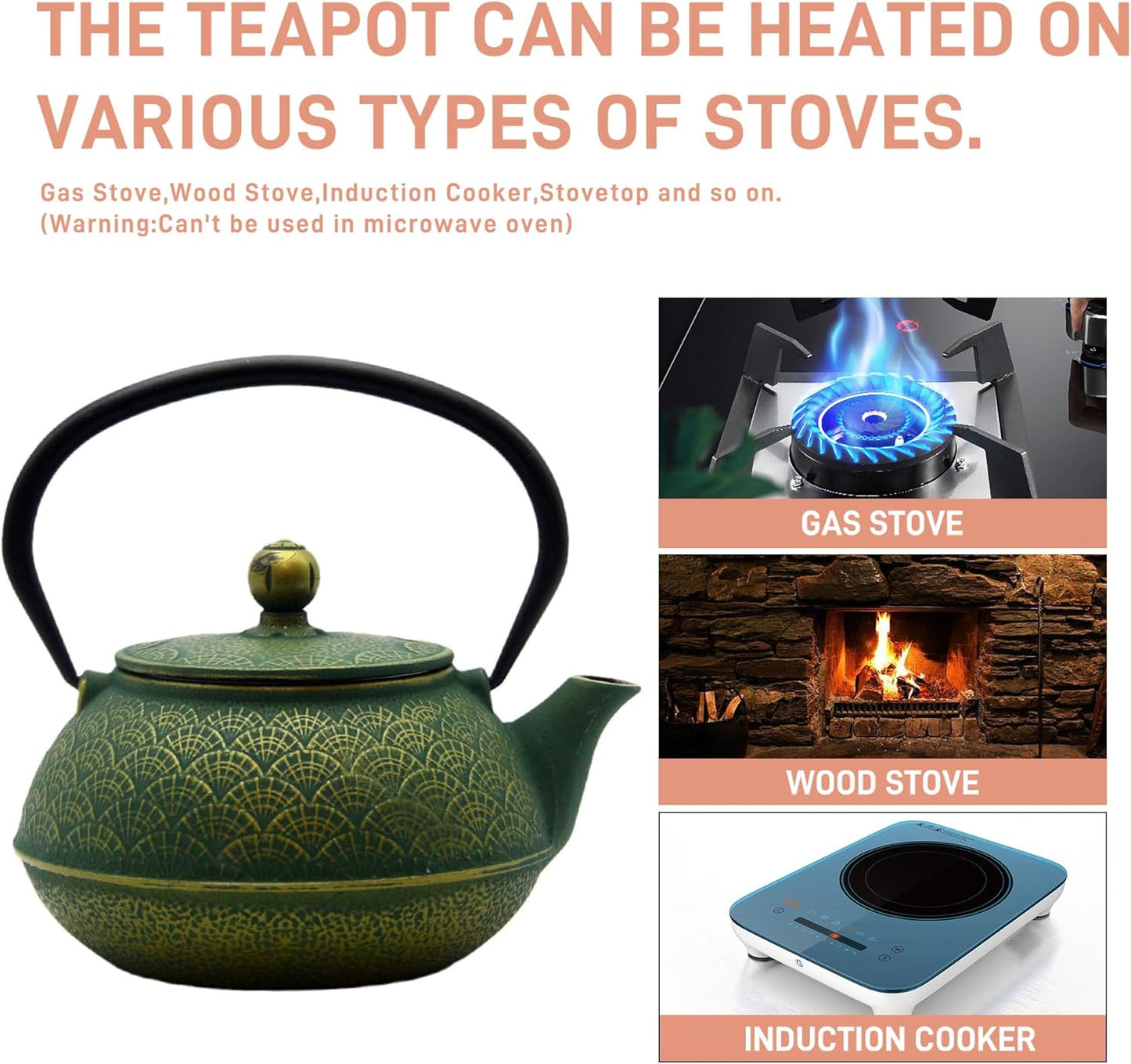 900ml Cast Iron Tea Kettle,SECHUDO Teapot Coated with Enameled Interior for Loose Leaf, Small Cast Iron Teapot with Strainer for Stovetop Safe, Green Iron Kettle(30.4oz)