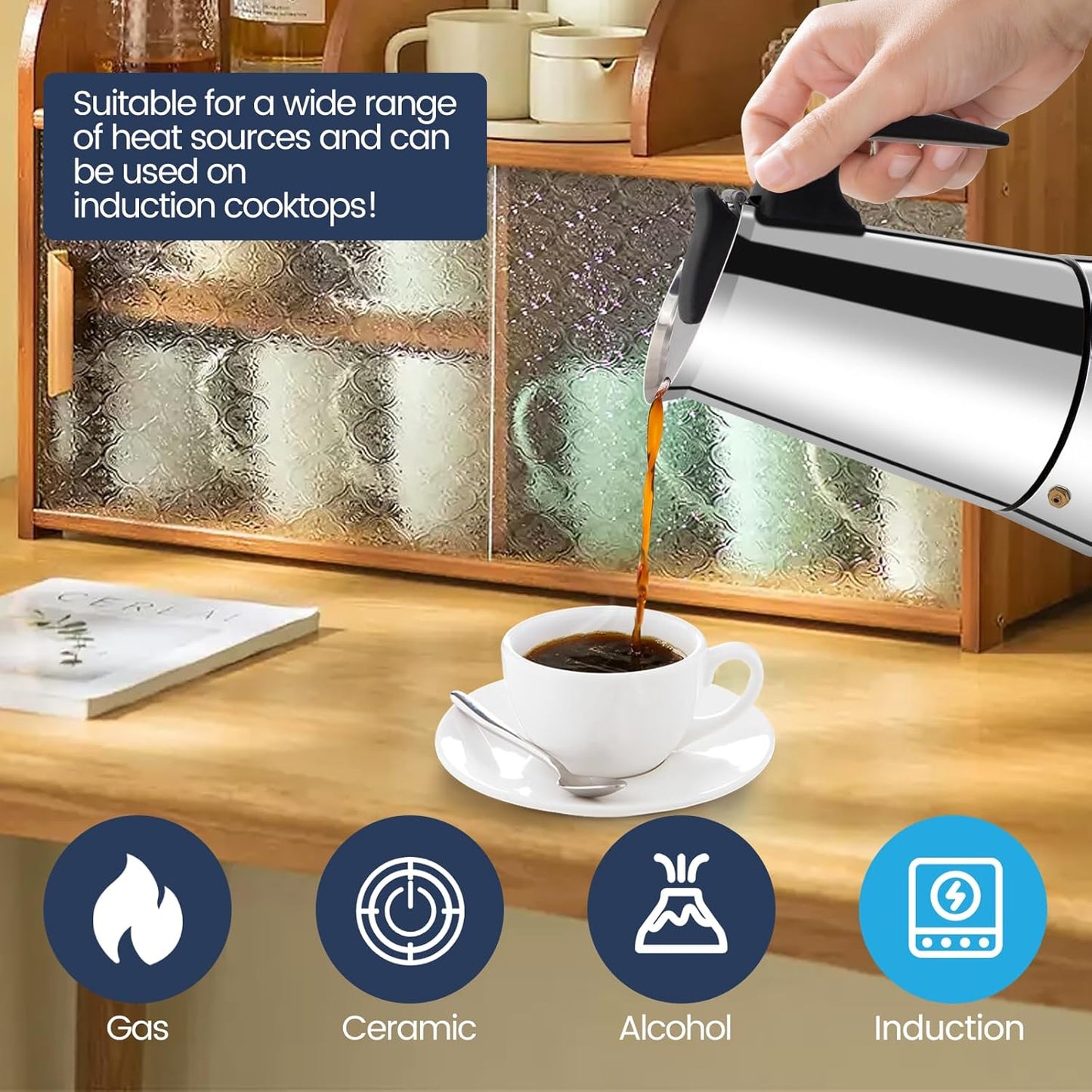 9 Cup Moka Pot Stainless Steel 450ml Italian Espresso Coffee Maker Stovetop Coffee Makers Mocha Pot Percolator Greca Coffee Maker for Induction Stove Portable for Easy Brewing Tummy