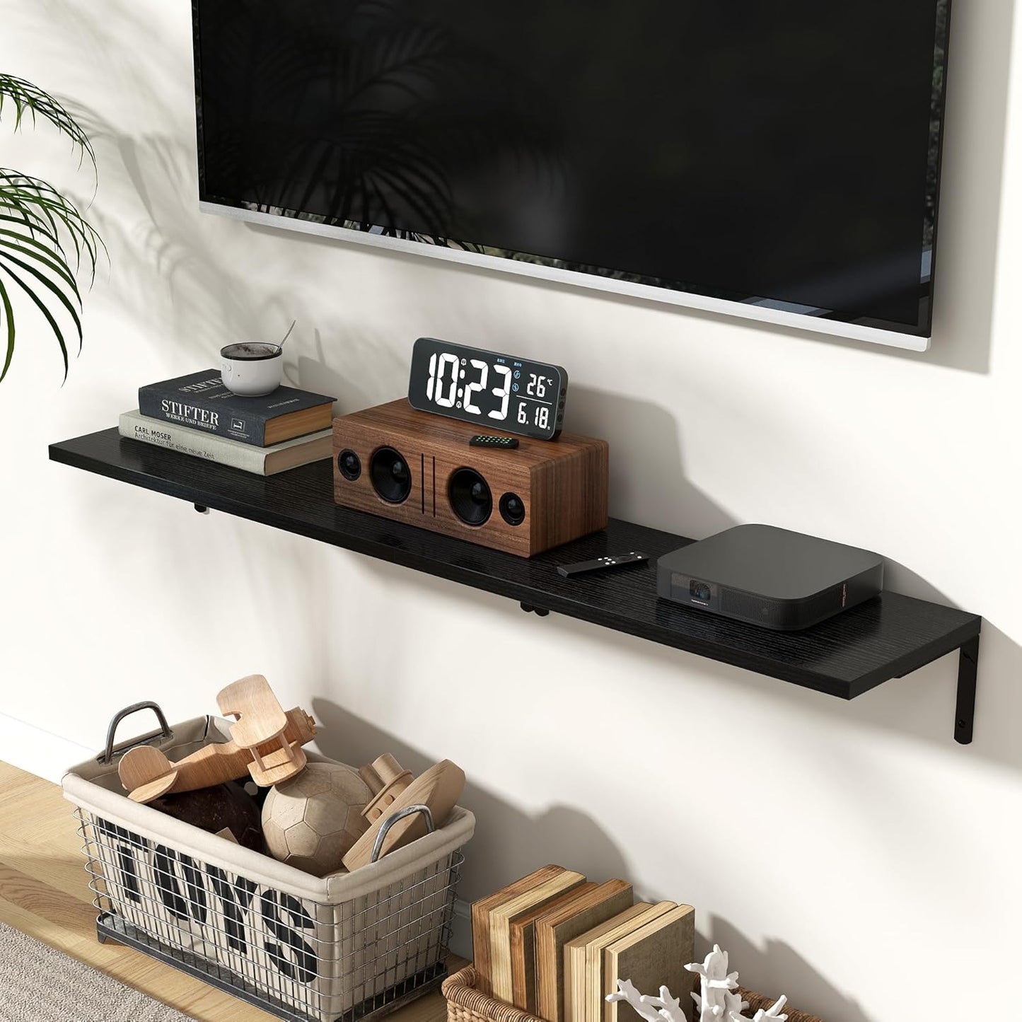 Fun Memories Deep Floating Shelves, 24W x 8D Floating Shelves Set of 2, Wall Mounted Shelf with Metal Brackets, Rustic Wood Wall Shelf for Bathroom, Kitchen and Living Room, Black