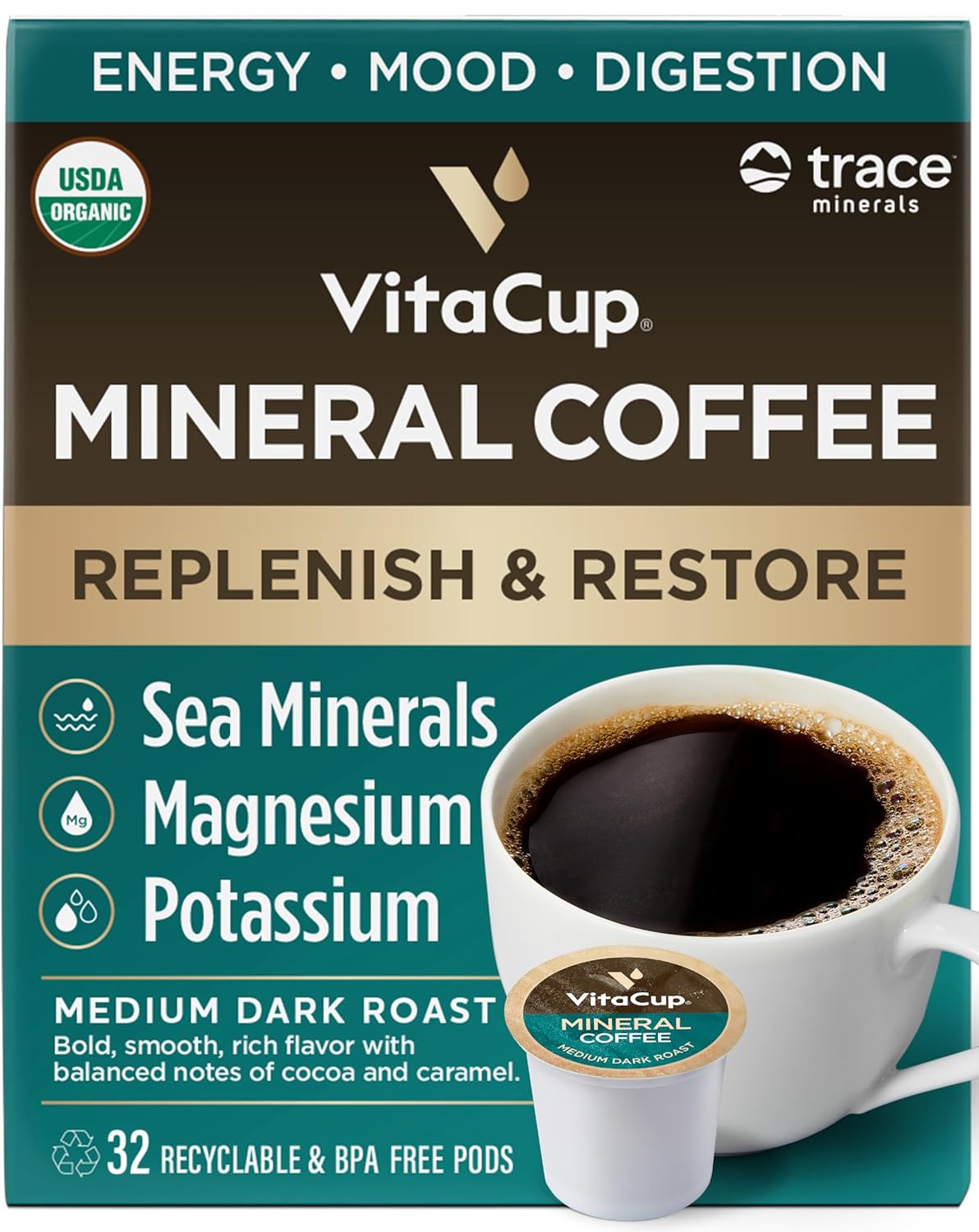 VitaCup Mineral Coffee Pods with Trace Minerals, Hydrate, Replenish & Restore, Sea Minerals, Electrolytes, Organic Coffee, Medium Dark Roast, Single Serve Pod Compatible with Keurig K-Cup Brewers,32Ct