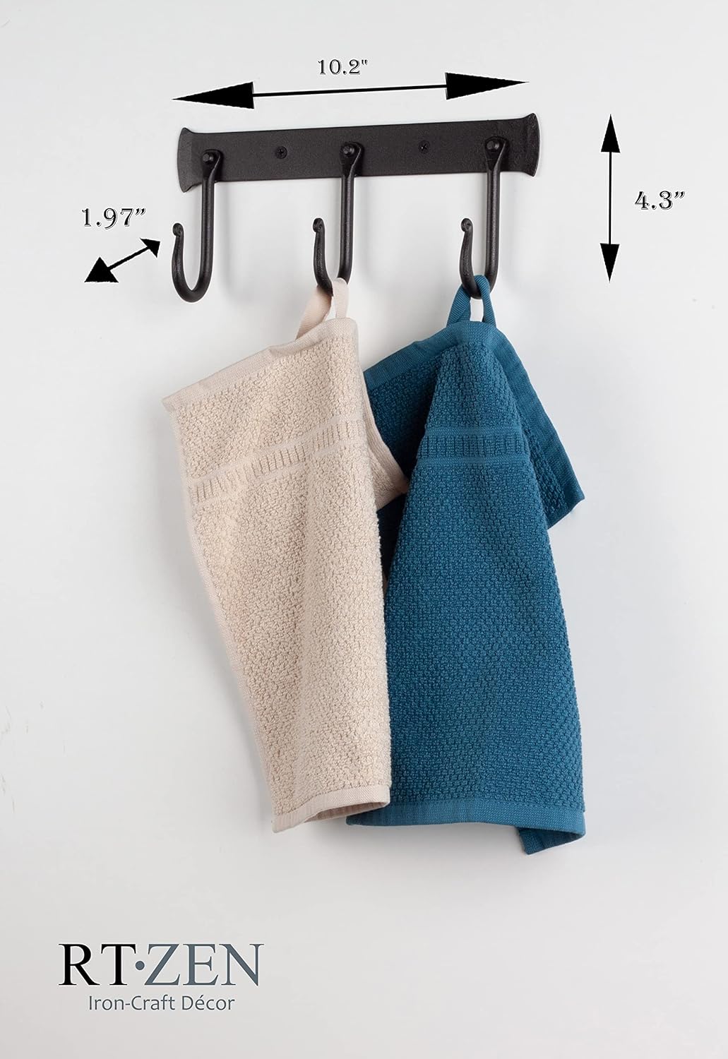 RTZEN Wall Mount Hook Set - Wrought Iron Decorative Rustic Metal Coat Hooks for Hanging - Handcrafted Classic Farmhouse Wall Mounted Black Hooks for Towel Robe or Hat Hanging - 3 Hook Rack