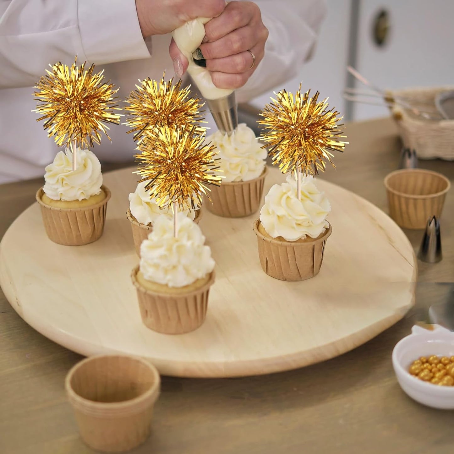 40 PCS Foil Firework Cupcake Toppers Fireworks Cupcake Picks Sparkle Tinsel Cake Decorations Cocktail Fruit Toothpick for Firework Theme Birthday Wedding Graduation Party Decorations Supplies Gold