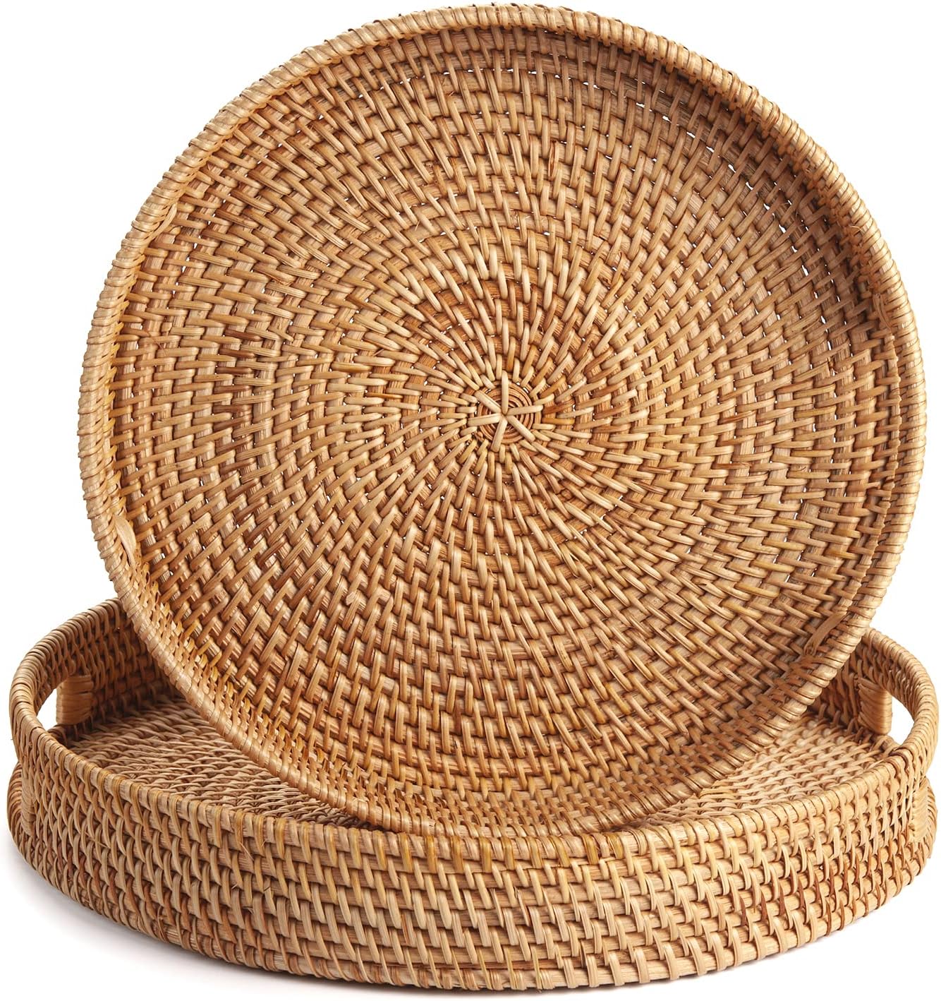 Coffee Table Tray Round Rattan Ottoman Tray Woven Serving Trays with Handles for Home and Kitchen Decorative Natural (Large 14 inch x 2.8 inch)