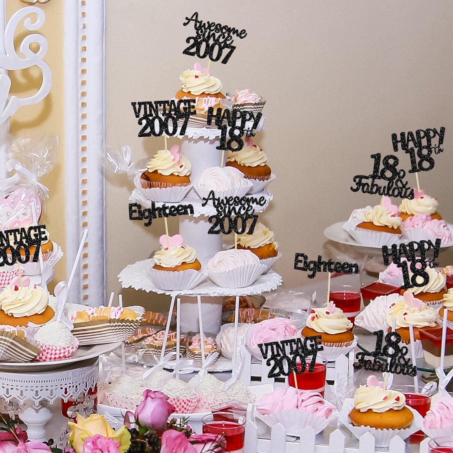 Gyufise 30Pcs Vintage 2007 Cupcake Toppers Glitter Eighteen Happy 18th Cupcake Picks Happy 18th Birthday Cake Decorations for Happy 18th Birthday Fabulous Anniversary Party Supplies Black