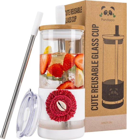 Pandaloo® Glass Cups With Lids and Straws -20 Fl Oz- Perfect Size Iced Coffee Cup - Smoothie Cup With Bamboo Lid and On the go Lid (Ethnic chic-Fabulous Fez, 1 Count (Pack of 1))