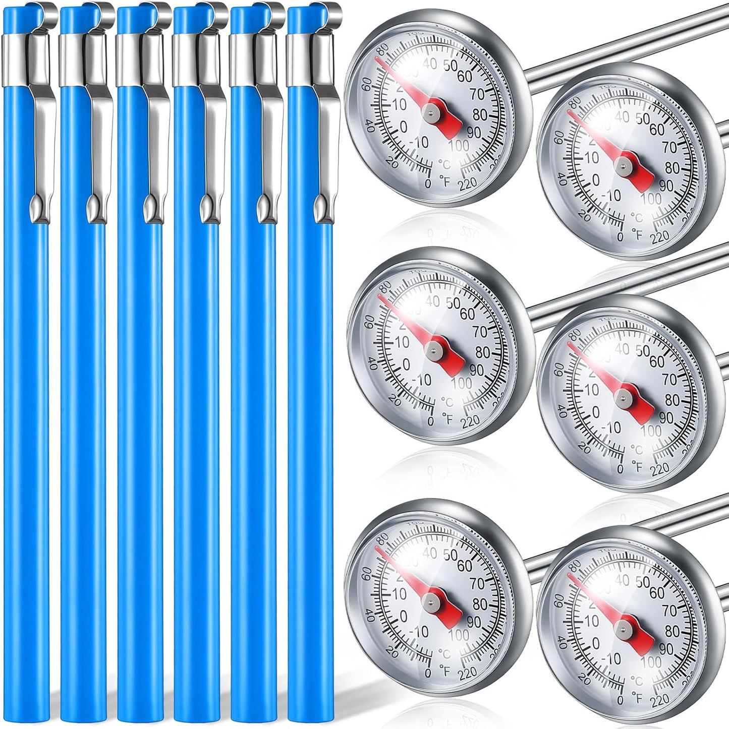 Xuhal 6 Pcs Stainless Steel Kitchen Thermometers with 5 Inch Long Stem 1 Inch Dial Milk Frothing Food Thermometer for Oven Probe Meat Grill BBQ Cooking Chocolate Water (Blue)