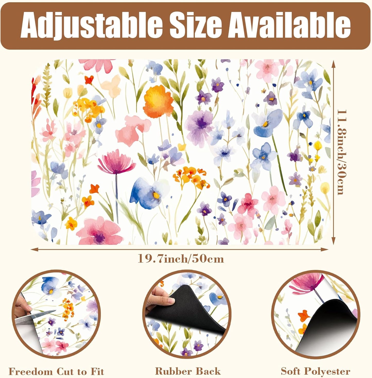 Watercolor Floral Meadow Coffee Mat Absorbent Dish Drying Mat for Kitchen Counter Hide Stain Rubber Backed Coffee Bar Accessories Fit Under Espresso Machine Dish Drainer, 11.8 x 19.7 Inch