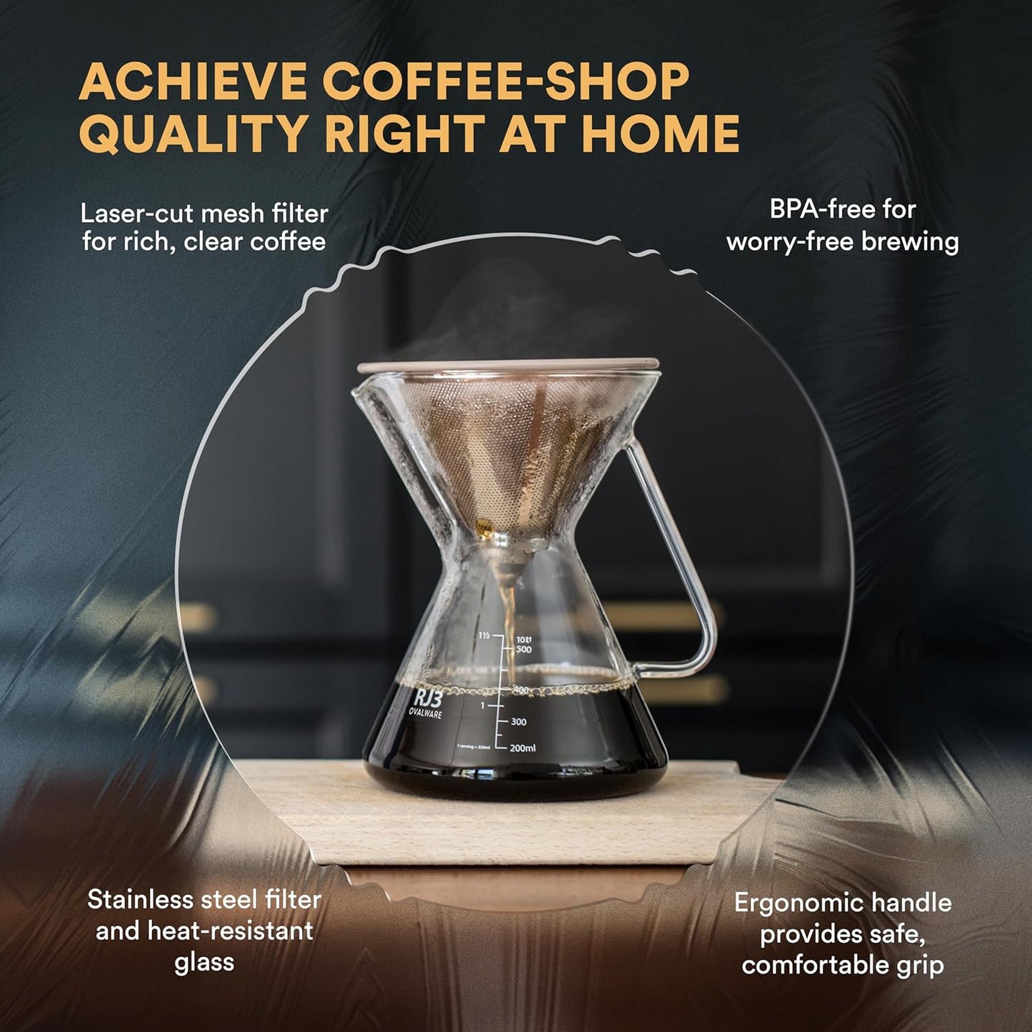 ovalware Pour Over Coffee Maker Set | 17oz / 0.5L Borosilicate Carafe with 304 Stainless Steel Filter and Precision Measuring Cup | Glass Coffee Dripper for Home Brewing