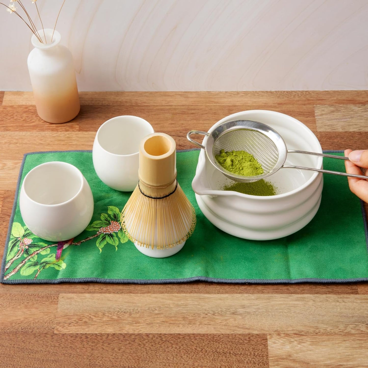 Marce Matcha Whisk Set- Matcha Set includes Matcha Whisk and Bowl (Bowl with Spout), Sifter, Holder and Scoop- The Perfect Bamboo Whisk for Matcha Tea (White- 7PC)