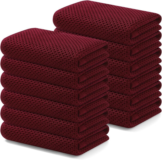 Kitinjoy 100% Cotton Waffle Weave Kitchen Towels, 12-Pack Super Soft and Absorbent Dish Towels for Drying Dishes, Kitchen Hand Towels, 13 in x 28 in, Burgundy