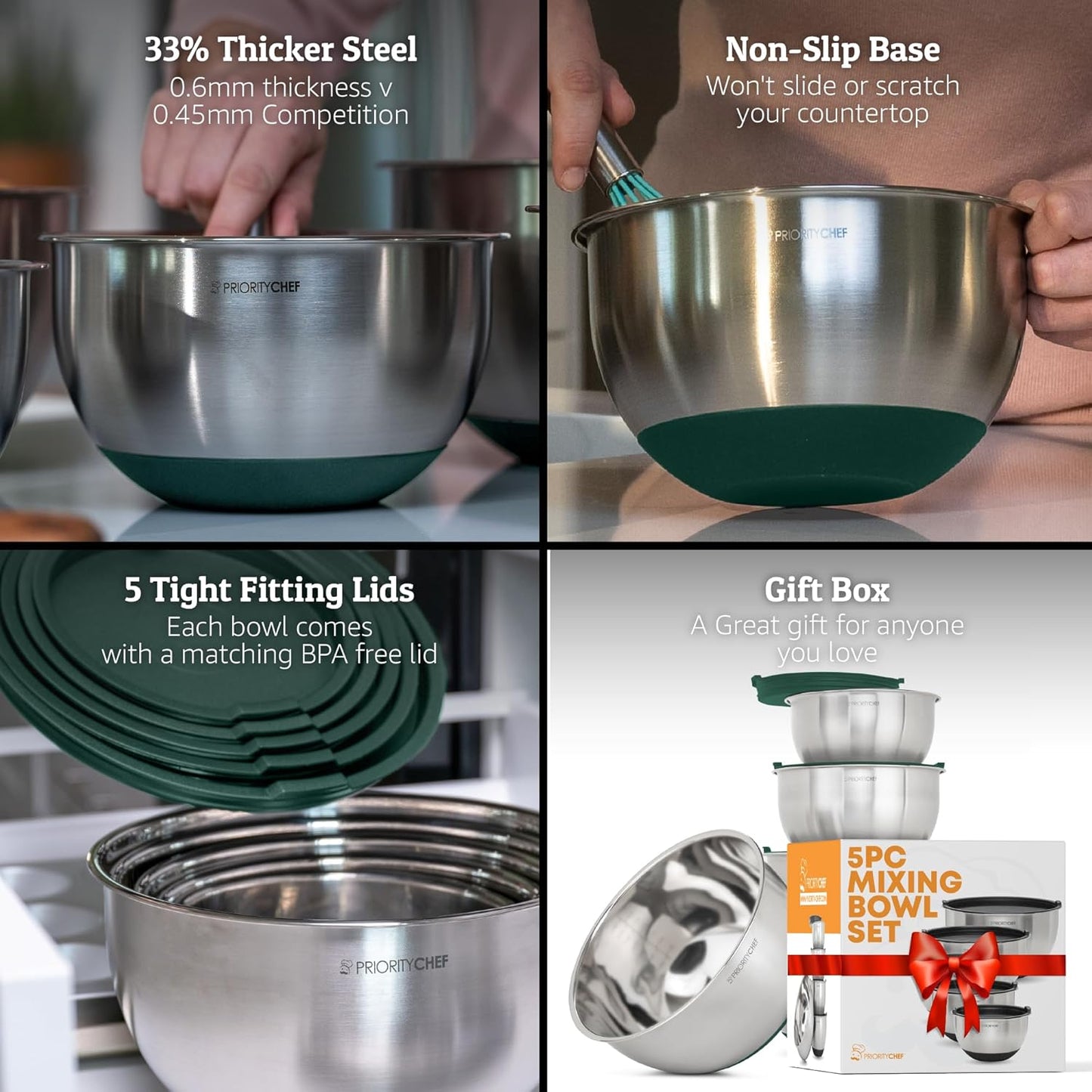 Priority Chef Premium Mixing Bowls With Airtight Lids Set, Thicker Stainless Steel Mixing Bowl Set, Large Prep Metal Bowls with Lids, Nesting Bowls for Kitchen, 1.5/2/3/4/5 Qrt, Green