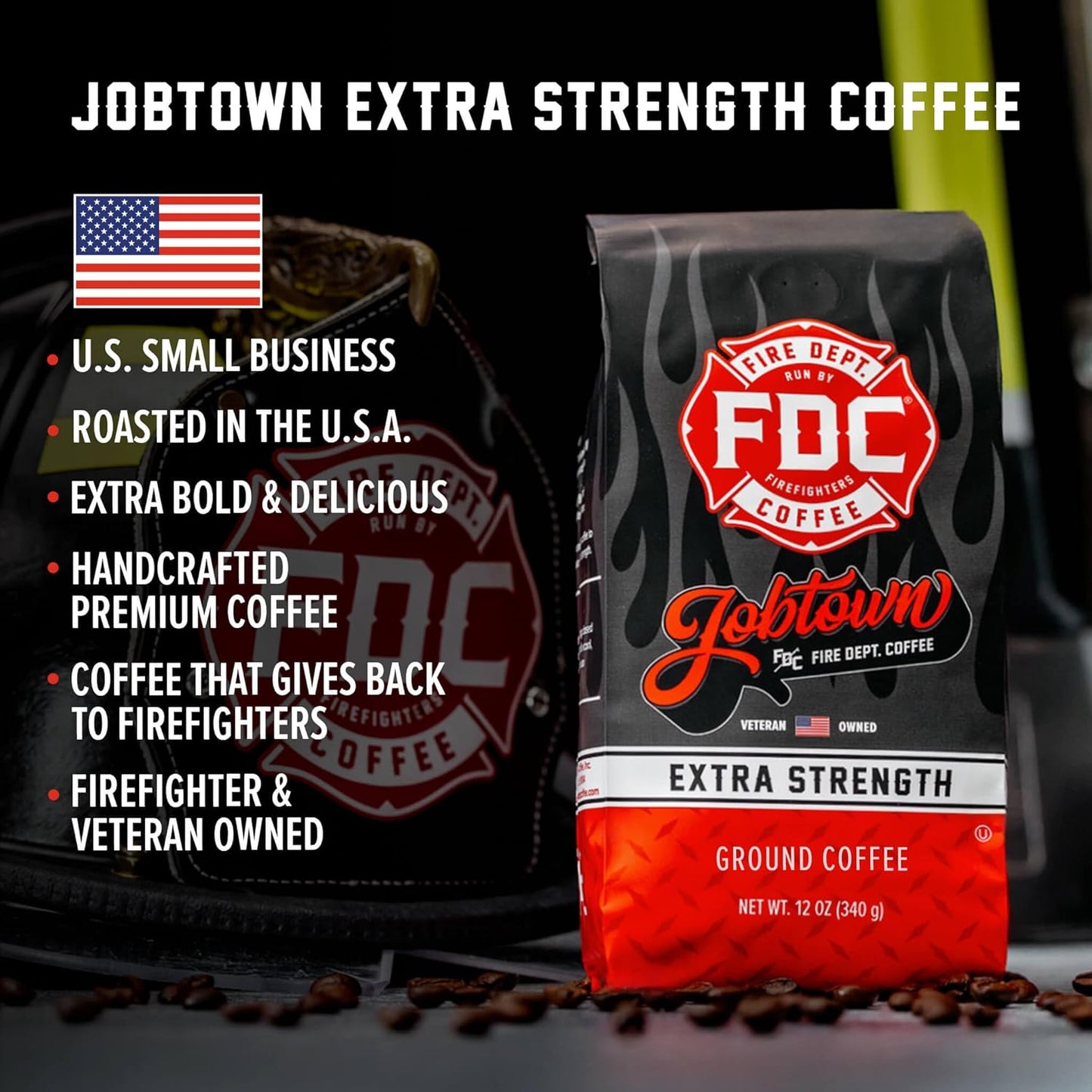 Fire Department Coffee - Gives Back to Firefighters - Jobtown Extra Strength Ground Coffee - Rich & Bold Dark Roast - Roasted in the USA - Veteran Owned - 12 oz