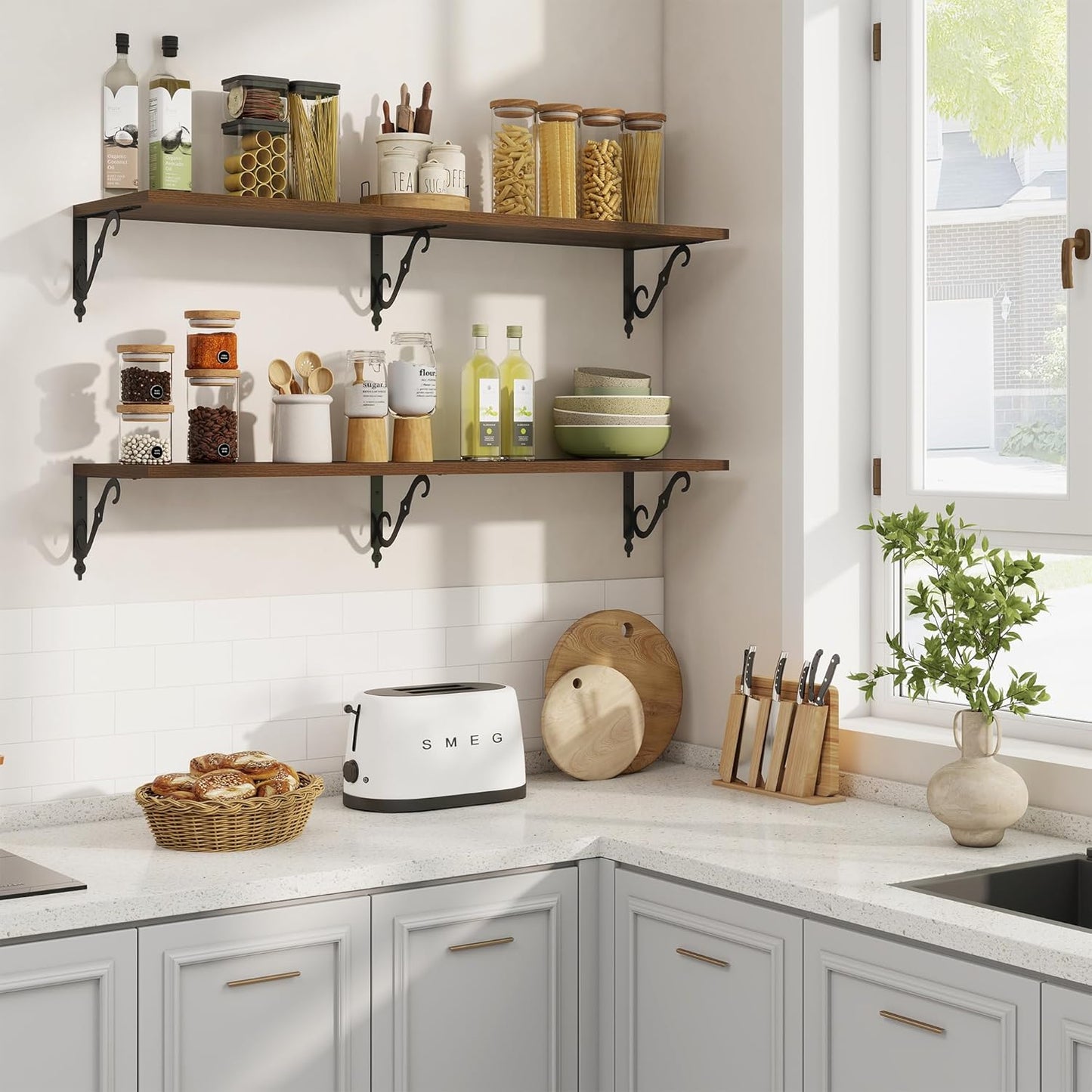 RICHFOCUS 12 Inch Deep Floating Shelves for Wall, 48" W x 12" D Wood Wall Shelves Set of 2, Wide Floating Shelves for Living Room, Bedroom, Kitchen, Bathroom and Decor Storage, Walnut