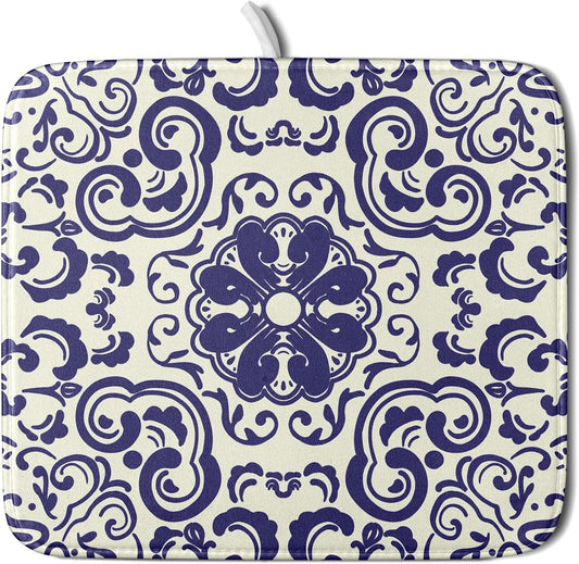 Boho Ethnic Design Dish Drying Mat for Kitchen Counter,Blue Bohemian Mandala Drying Mat 16 x 18 Inch with High Absorbent Reversible Microfiber Dish Drying Pad Dish Rack Pad Drainer Mat for Coffee Bar