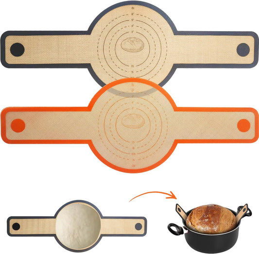 Silicone Bread Sling for Dutch Oven - 2 Pcs Non-Stick & Easy to Clean Reusable Silicone Bread Baking Mat Set with Extra Long Handles, Easy to Transfer Sourdough Bread, Gray, Orange