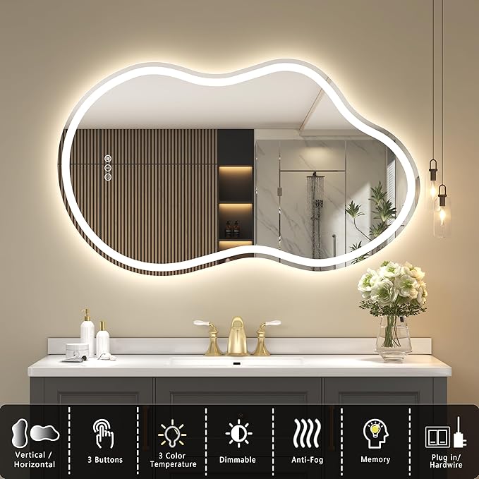 SMIROR Irregular Led Backlit Bathroom Mirror 48 x 26 inch, Asymmetrical Cloud - Image 3