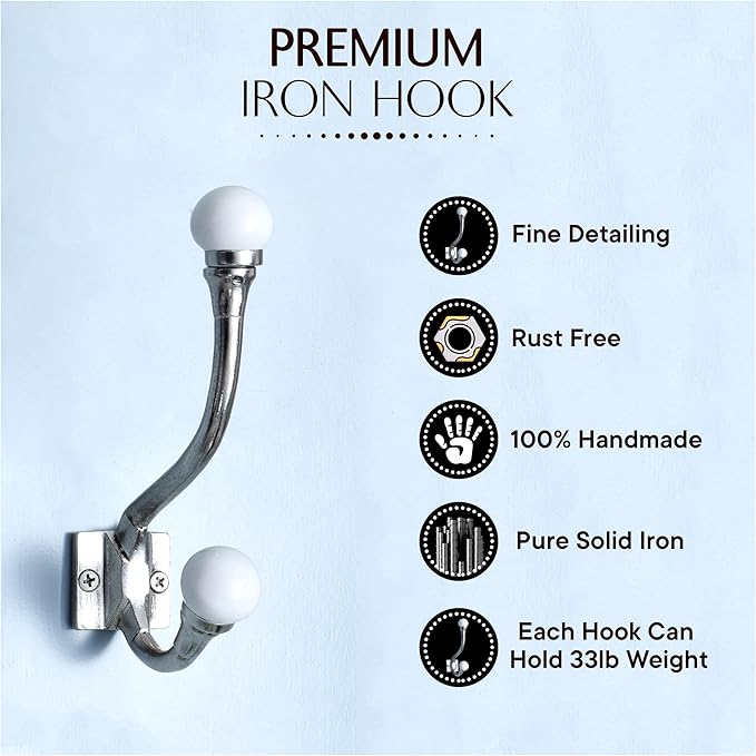 Indian Shelf 6 Pieces Exclusive Ceramic Heavy Duty Decorative Double Wall Hooks - Image 7