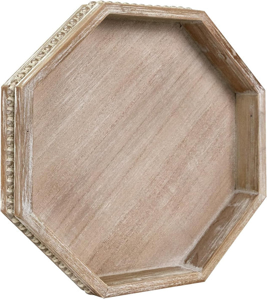 MAONAME Wood Serving Tray,Farmhouse Wooden Tray with Beads, Washed White Octagonal Serving Tray，Coffee Table Tray for Living Room, Kitchen, 12" X 12" X 1.6"
