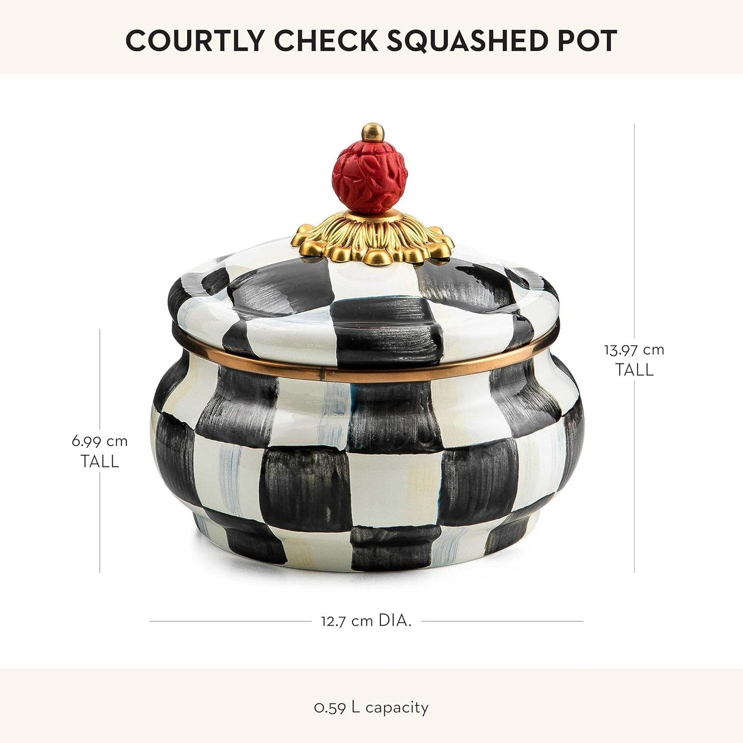 MACKENZIE-CHILDS Enamel Squashed Pot, Cute Enameled Container with Lid, 20 Ounces, Black-and-White Courtly Check