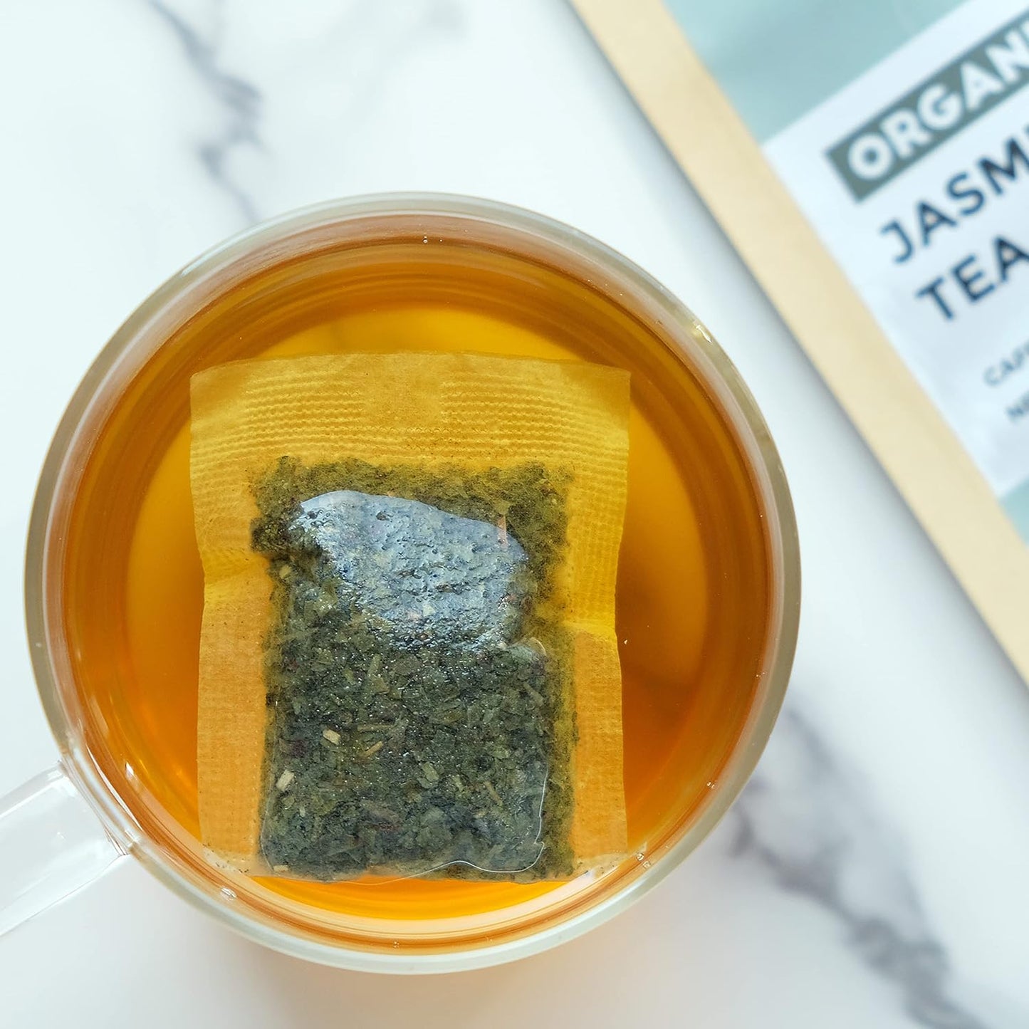 Fescha Organic Jasmine Green Tea Bags, Flower-scented Tea (50-count), Eco-Conscious Tea Bags, Packed by Resealable Kraft Bag