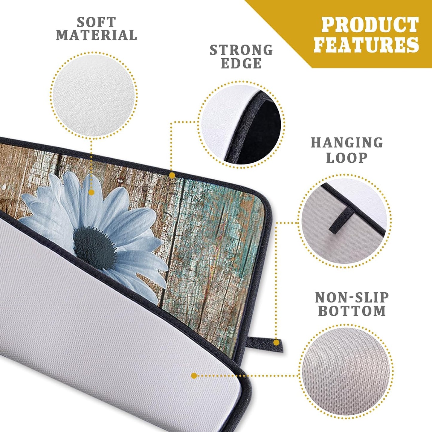 Rustic Daisy Dish Drying Mat for Kitchen Countertop 18x24 inch Blue Sunflowers on Wooden Board Dish Drainer Mats Fast Drying Country Vintage Style Shabby Chic Flower Dish Drying Pad Decor Large